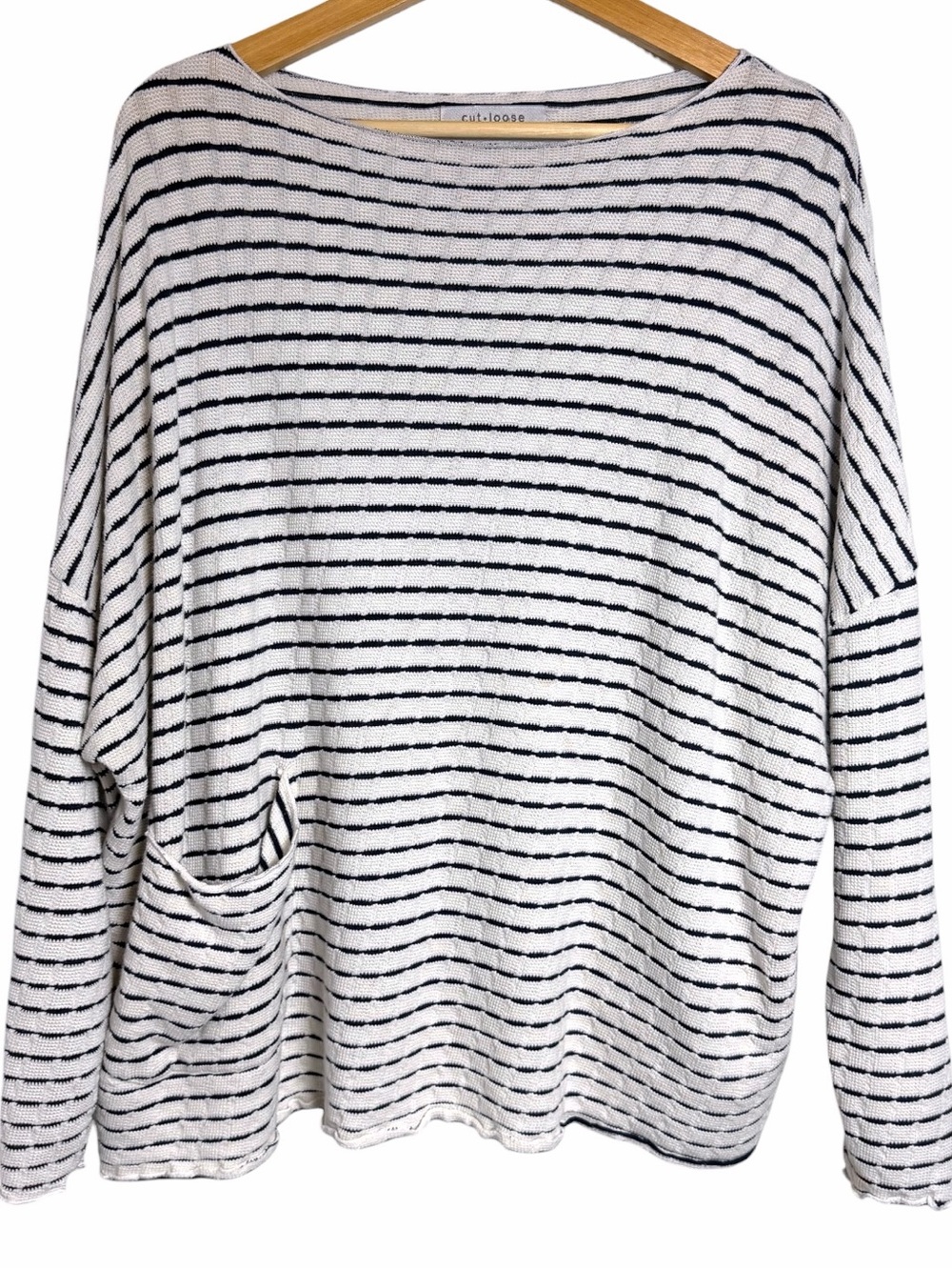 Cut Loose Striped Boatneck Boxy Pullover Pocket Top Made USA Navy Oversized - Picture 2 of 11